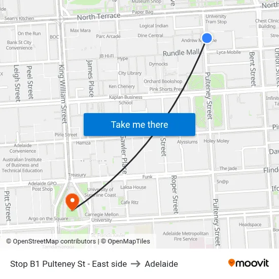 Stop B1 Pulteney St - East side to Adelaide map
