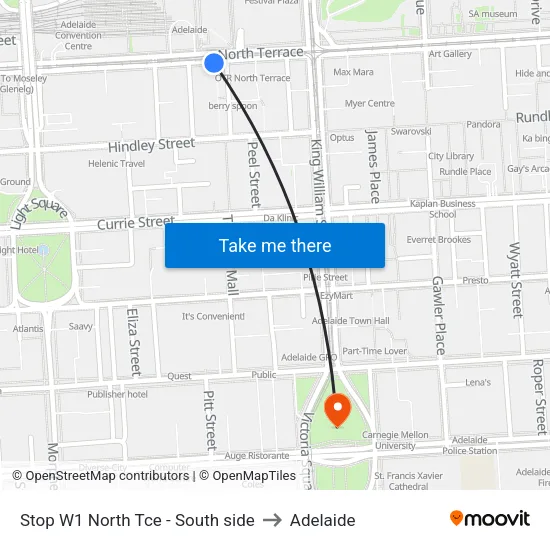 Stop W1 North Tce - South side to Adelaide map