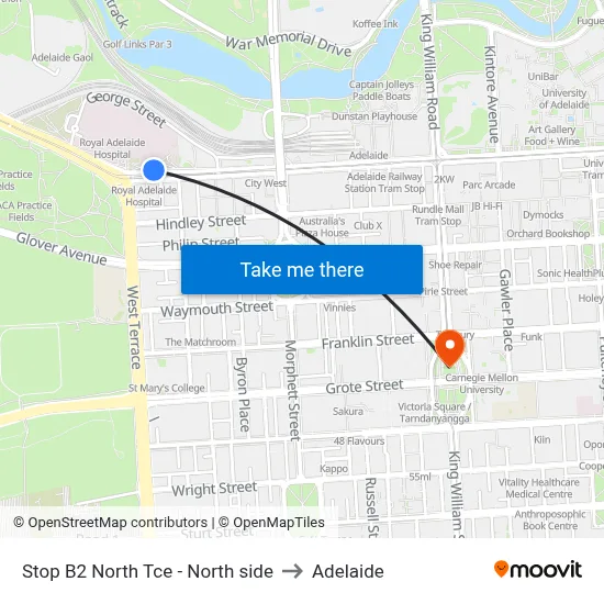 Stop B2 North Tce - North side to Adelaide map