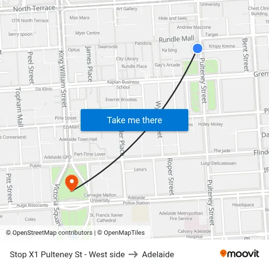 Stop X1 Pulteney St - West side to Adelaide map