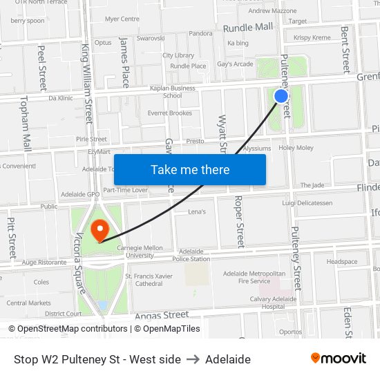 Stop W2 Pulteney St - West side to Adelaide map