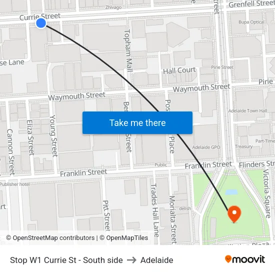 Stop W1 Currie St - South side to Adelaide map
