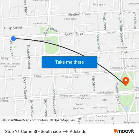 Stop Y1 Currie St - South side to Adelaide map