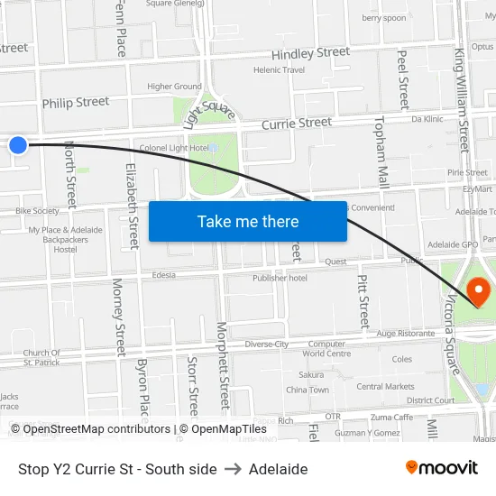 Stop Y2 Currie St - South side to Adelaide map