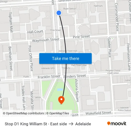 Stop D1 King William St - East side to Adelaide map