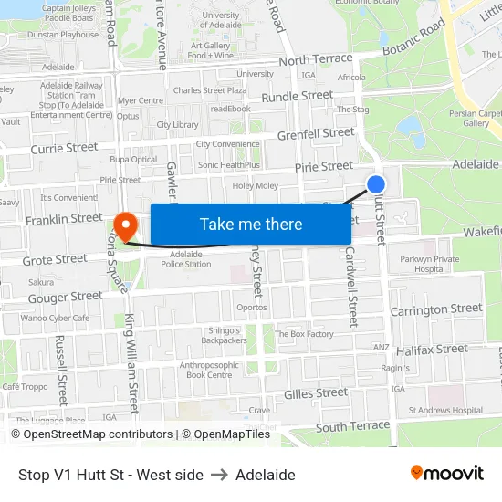 Stop V1 Hutt St - West side to Adelaide map