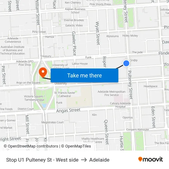 Stop U1 Pulteney St - West side to Adelaide map