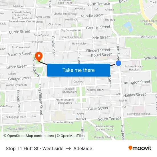 Stop T1 Hutt St - West side to Adelaide map