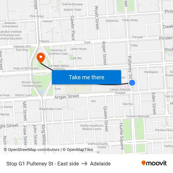 Stop G1 Pulteney St - East side to Adelaide map