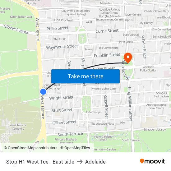 Stop H1 West Tce - East side to Adelaide map