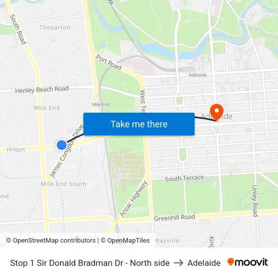Stop 1 Sir Donald Bradman Dr - North side to Adelaide map