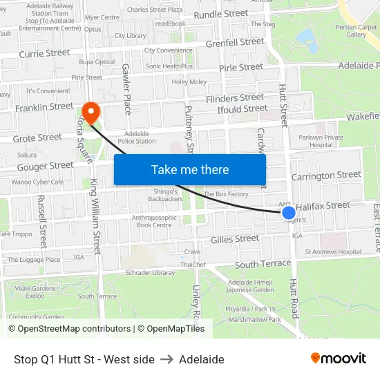 Stop Q1 Hutt St - West side to Adelaide map