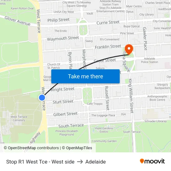 Stop R1 West Tce - West side to Adelaide map