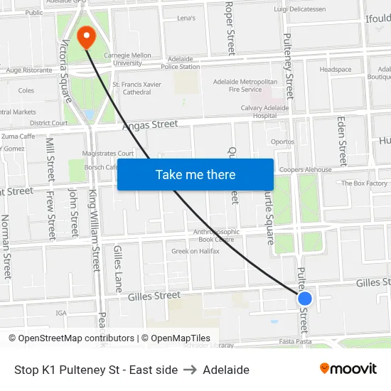 Stop K1 Pulteney St - East side to Adelaide map