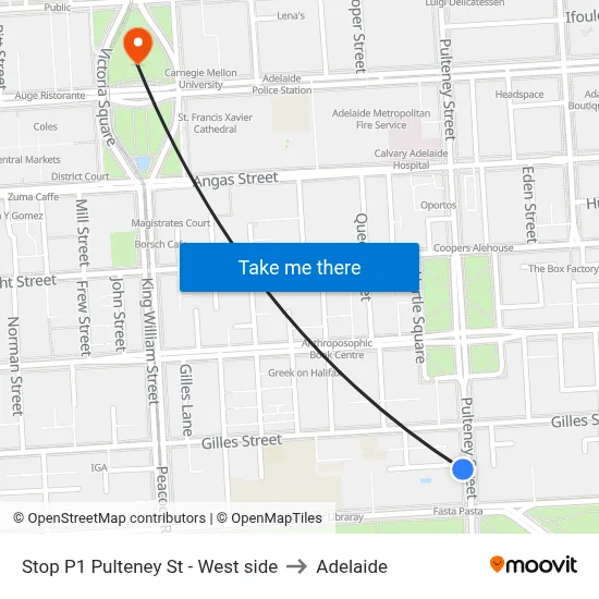 Stop P1 Pulteney St - West side to Adelaide map