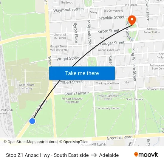 Stop Z1 Anzac Hwy - South East side to Adelaide map