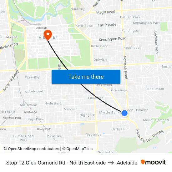 Stop 12 Glen Osmond Rd - North East side to Adelaide map