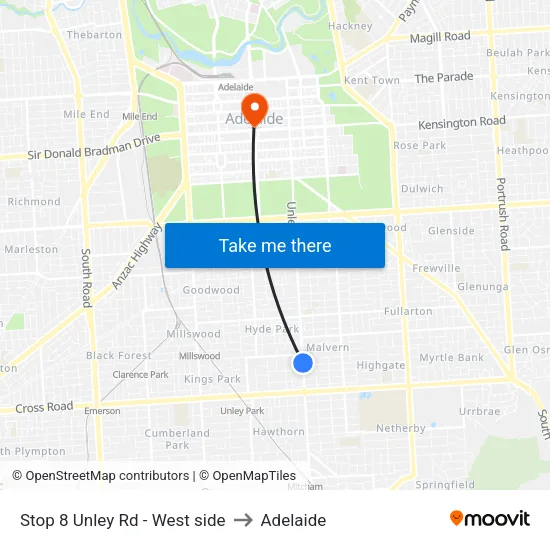 Stop 8 Unley Rd - West side to Adelaide map