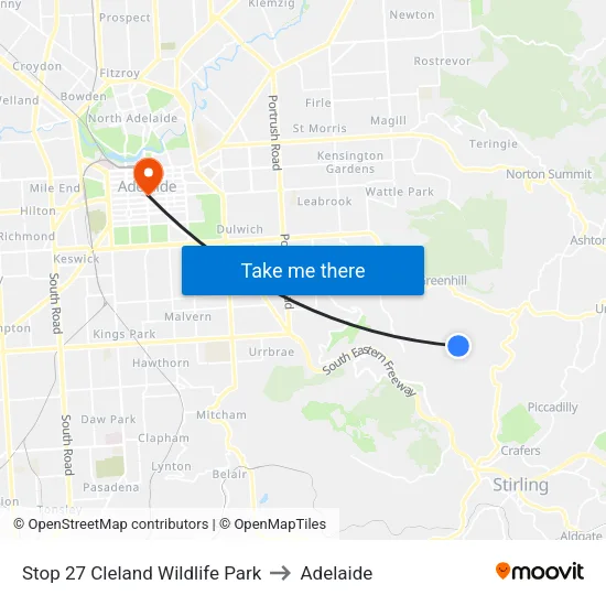 Stop 27 Cleland Wildlife Park to Adelaide map