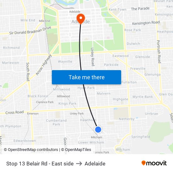 Stop 13 Belair Rd - East side to Adelaide map