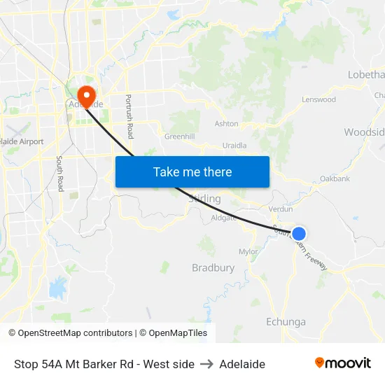 Stop 54A Mt Barker Rd - West side to Adelaide map