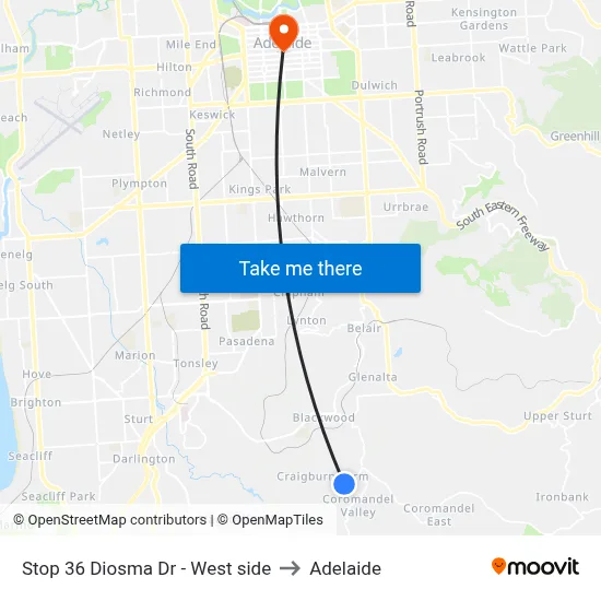 Stop 36 Diosma Dr - West side to Adelaide map