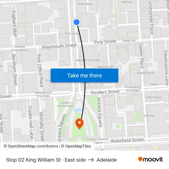 Stop D2 King William St - East side to Adelaide map