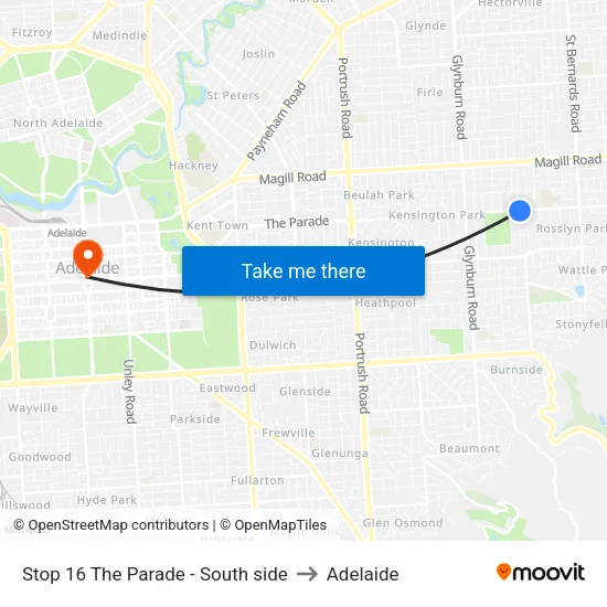 Stop 16 The Parade - South side to Adelaide map