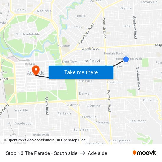 Stop 13 The Parade - South side to Adelaide map