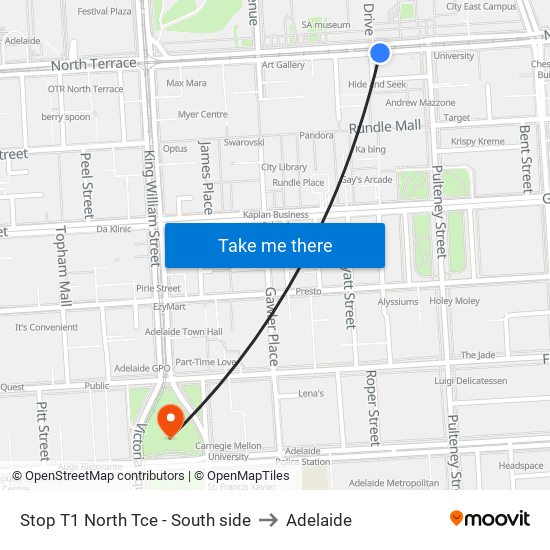 Stop T1 North Tce - South side to Adelaide map