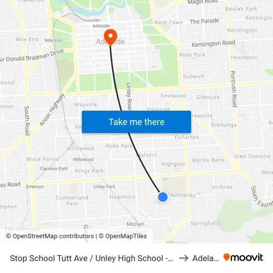 Stop School Tutt Ave / Unley High School - South side to Adelaide map