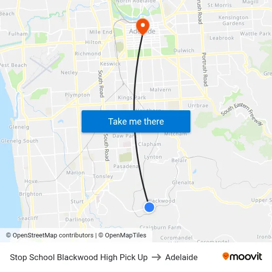 Stop School Blackwood High Pick Up to Adelaide map