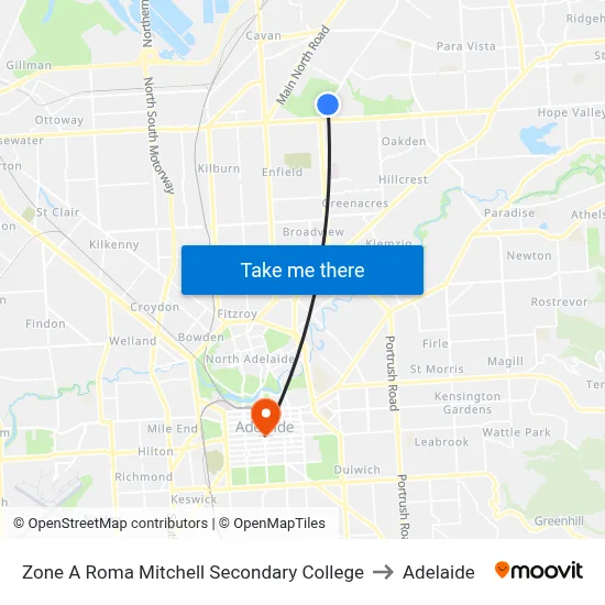 Zone A Roma Mitchell Secondary College to Adelaide map