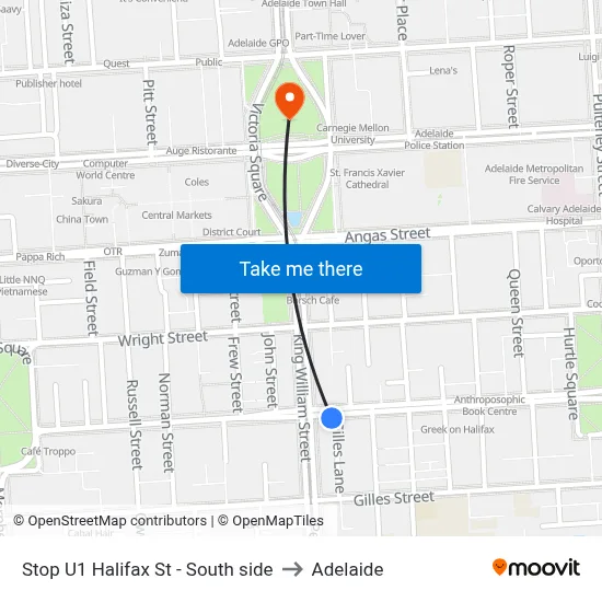 Stop U1 Halifax St - South side to Adelaide map