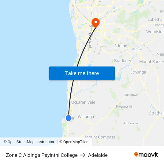Zone C Aldinga Payinthi College to Adelaide map