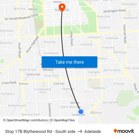 Stop 17B Blythewood Rd - South side to Adelaide map