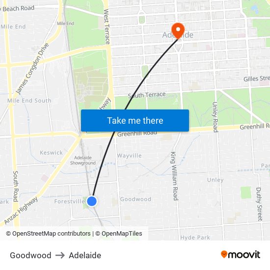 Goodwood to Adelaide map