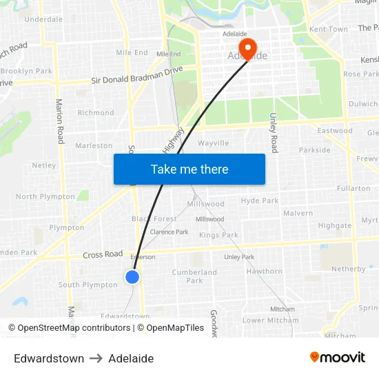 Edwardstown to Adelaide map