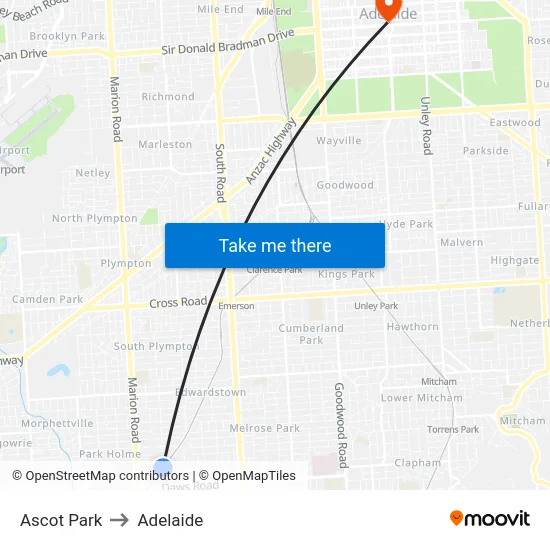 Ascot Park to Adelaide map