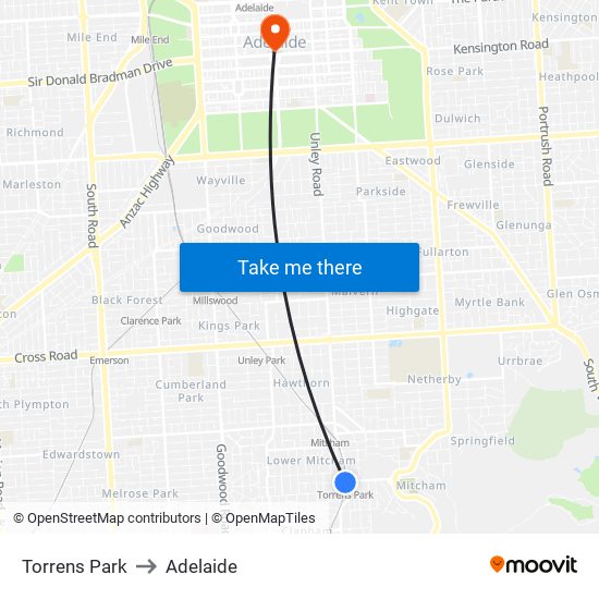 Torrens Park to Adelaide map