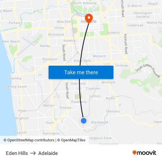 Eden Hills to Adelaide map