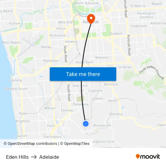 Eden Hills to Adelaide map