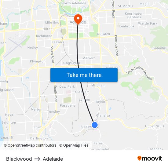 Blackwood to Adelaide map