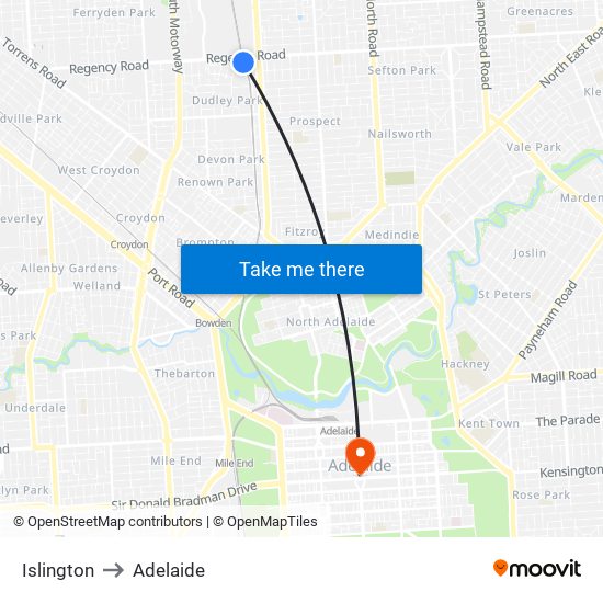 Islington to Adelaide map