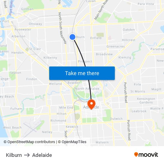 Kilburn to Adelaide map