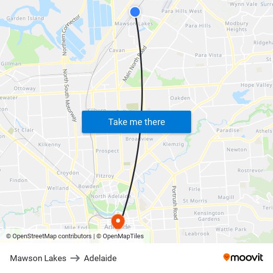 Mawson Lakes to Adelaide map