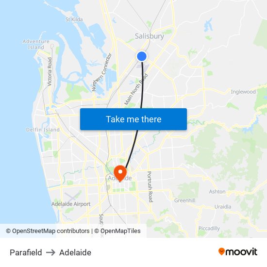 Parafield to Adelaide map