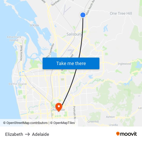 Elizabeth to Adelaide map