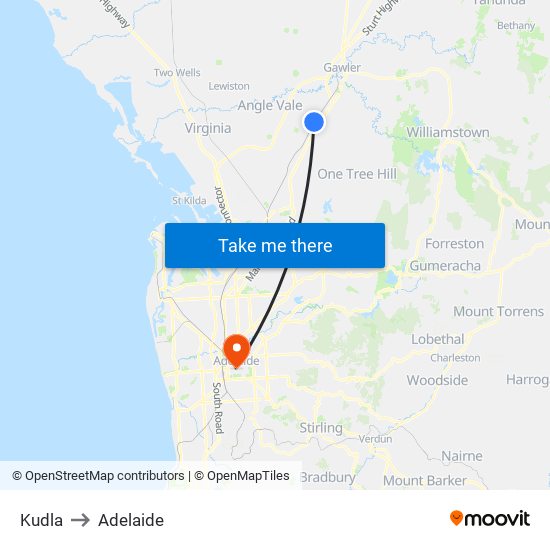 Kudla to Adelaide map