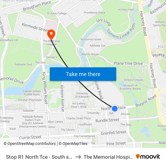 Stop R1 North Tce - South side to The Memorial Hospital map